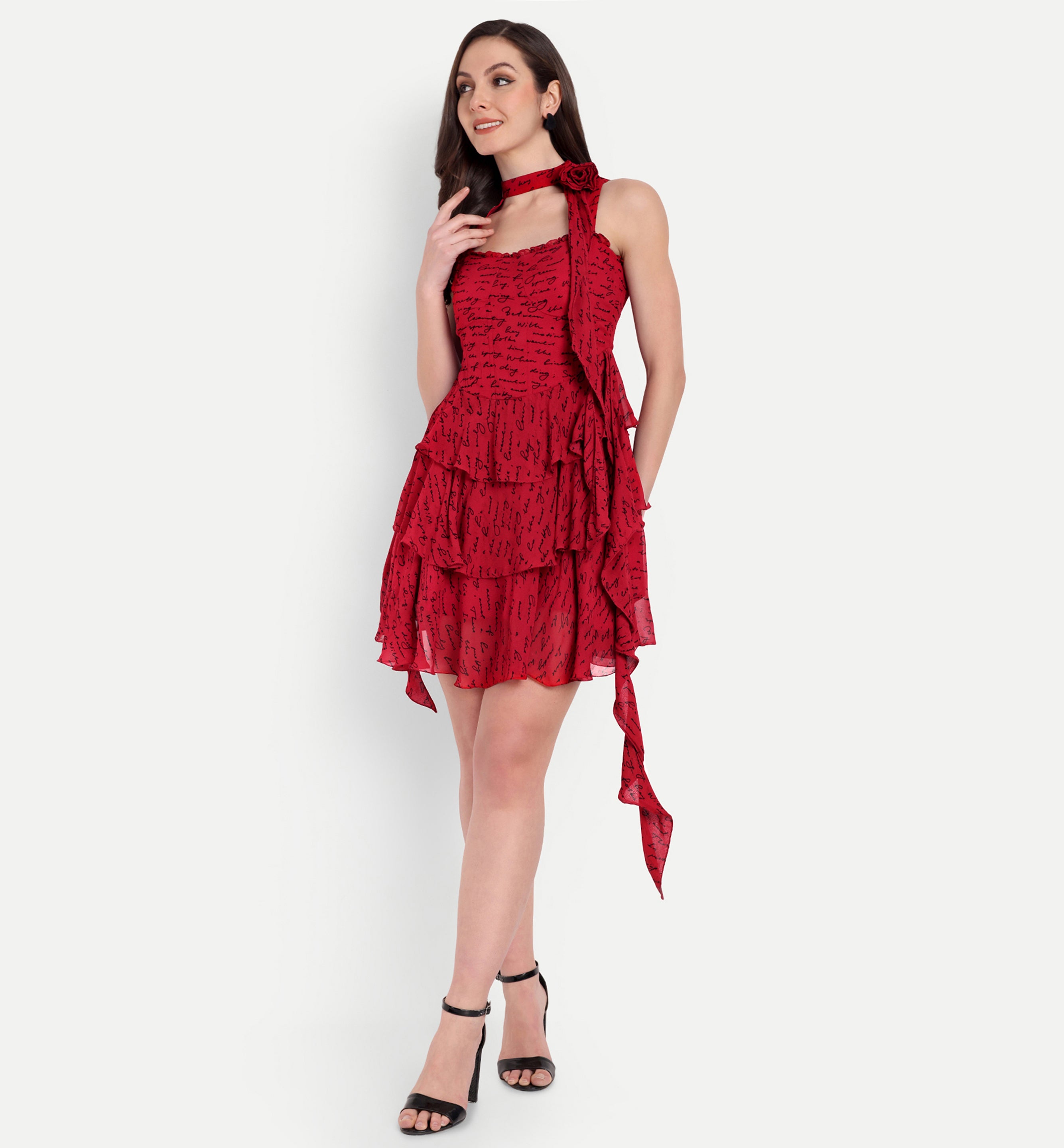 Red Printed Ruffles Dress