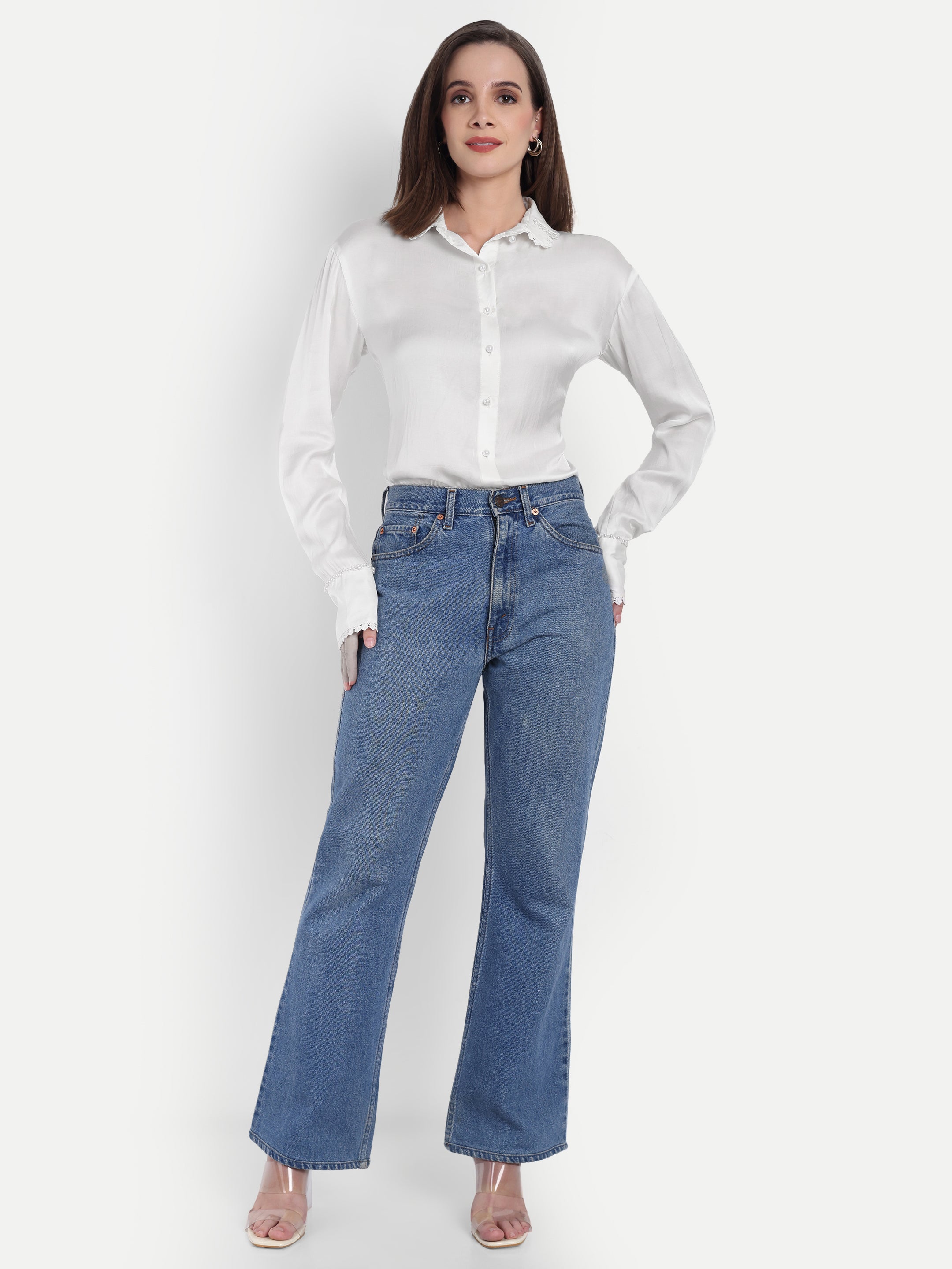Pearl Embellished Satin Casual Shirt