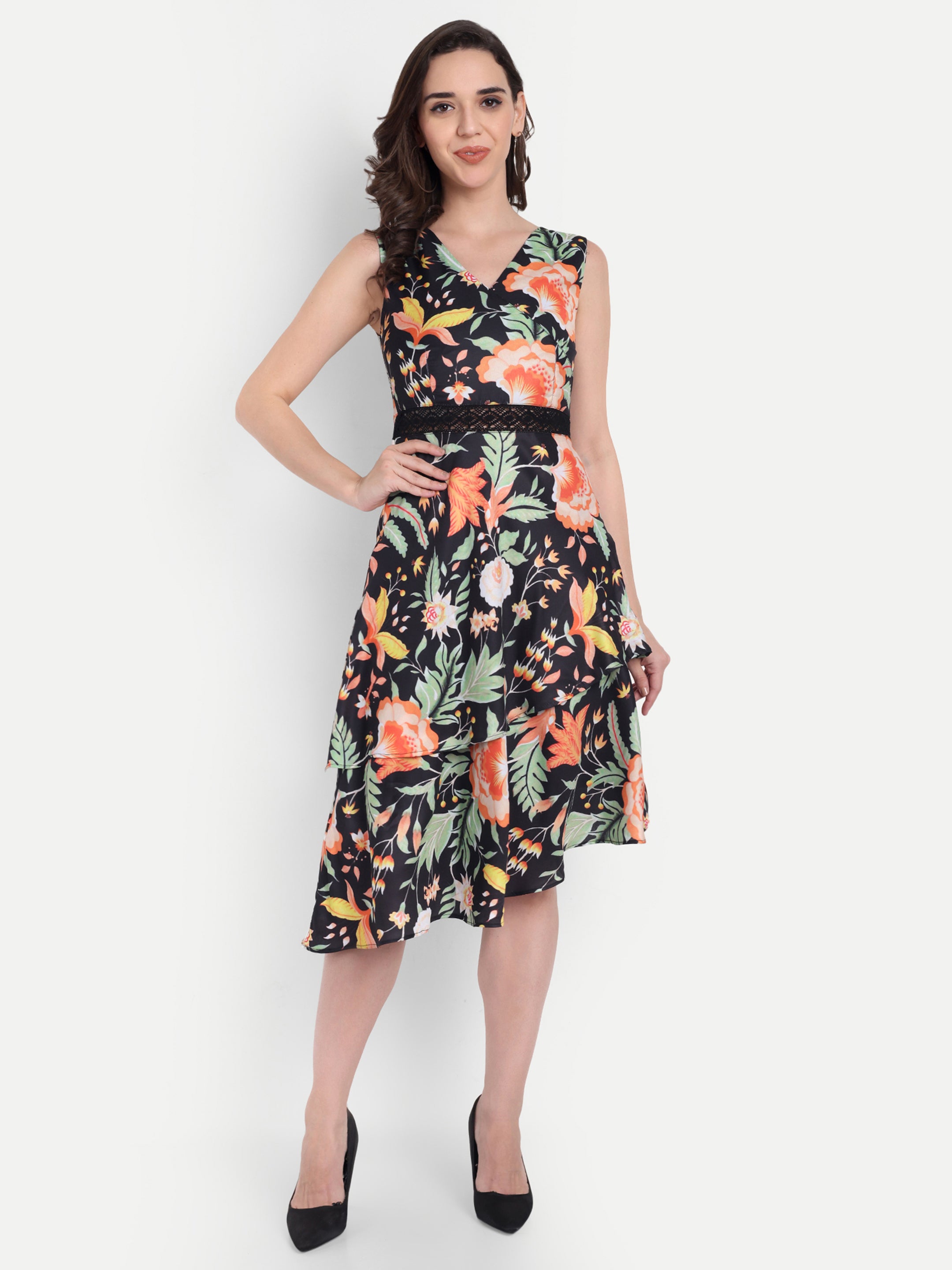 Black Floral Midi Dress