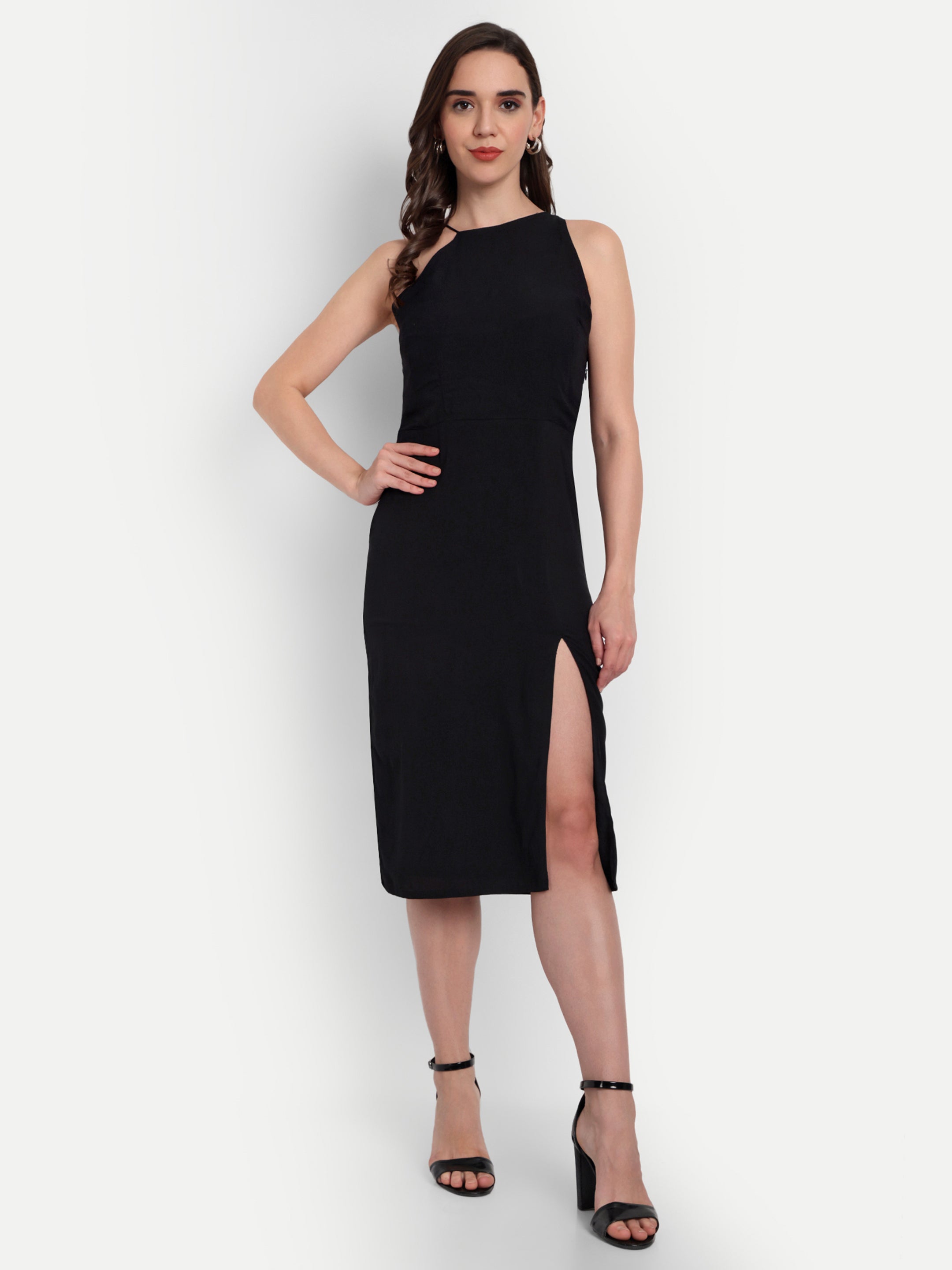 Black Lycra Side Slit Dress