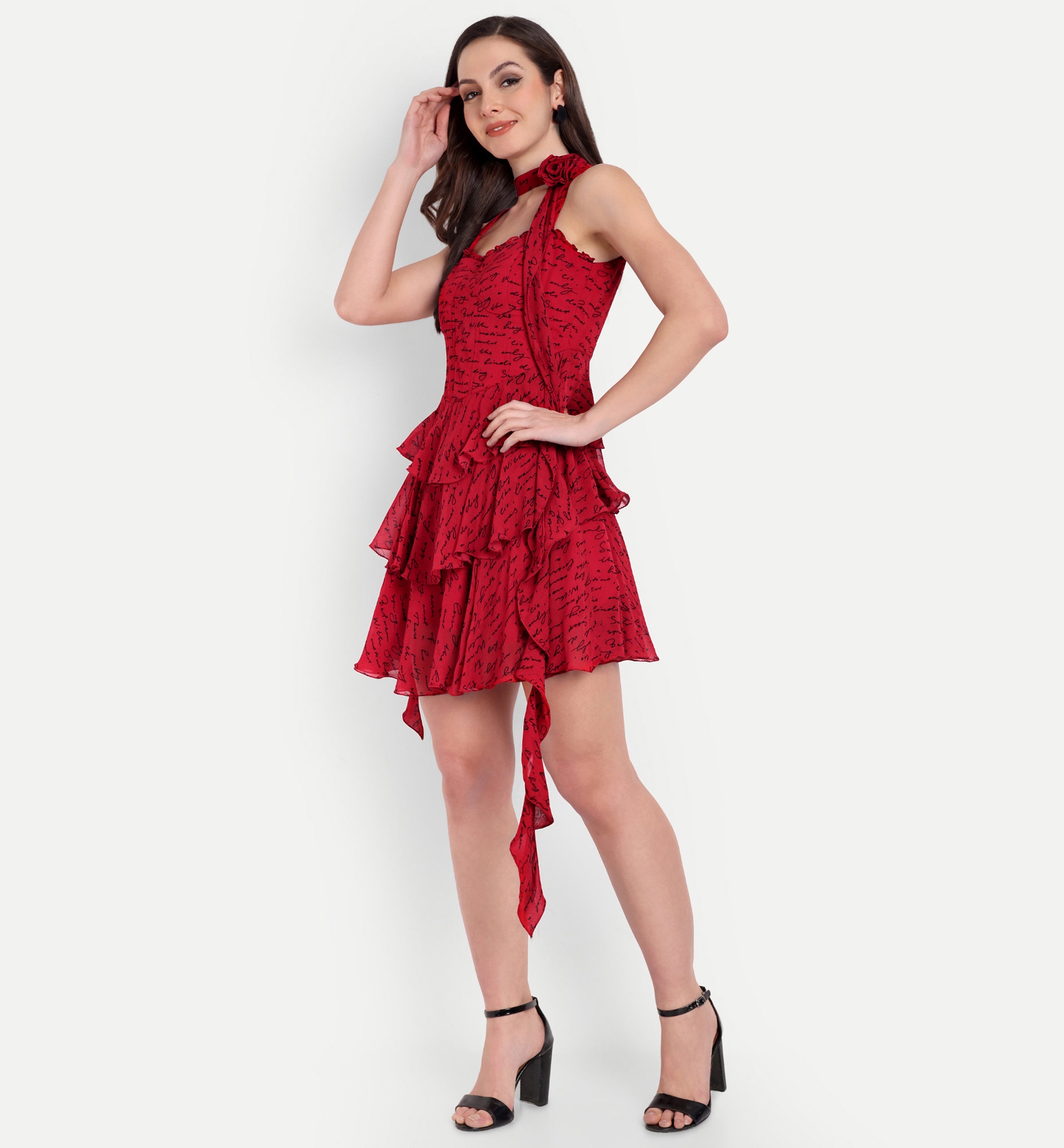 Red Printed Ruffles Dress