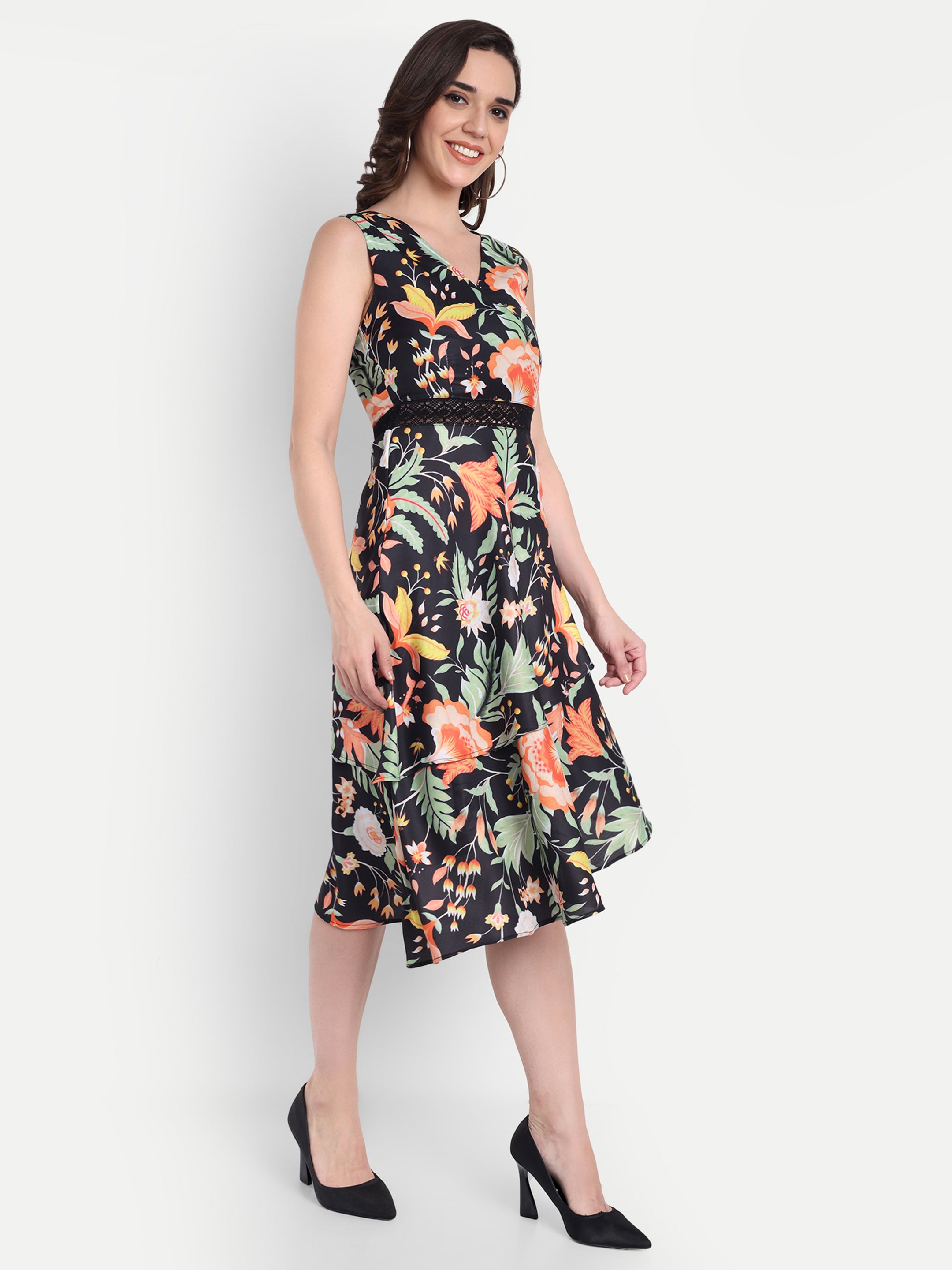 Black Floral Midi Dress