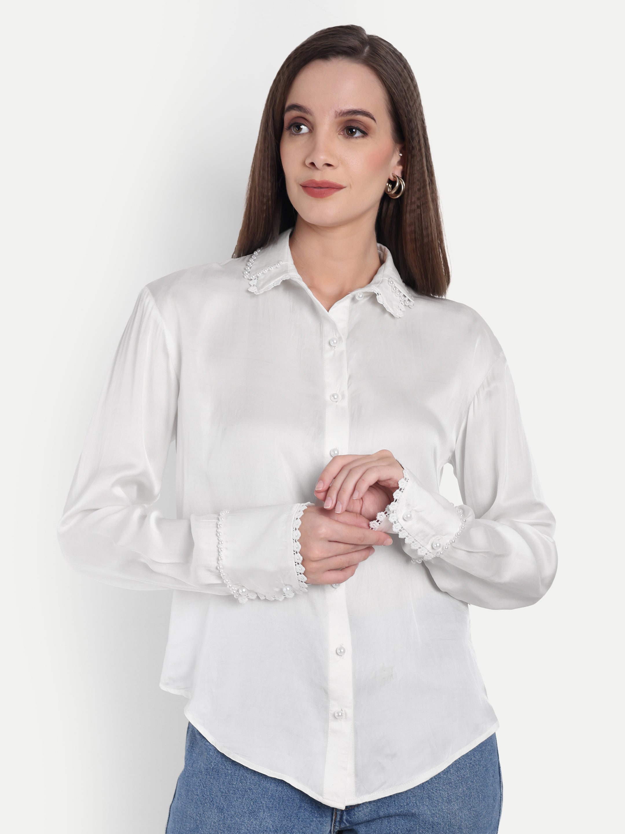 Pearl Embellished Satin Casual Shirt