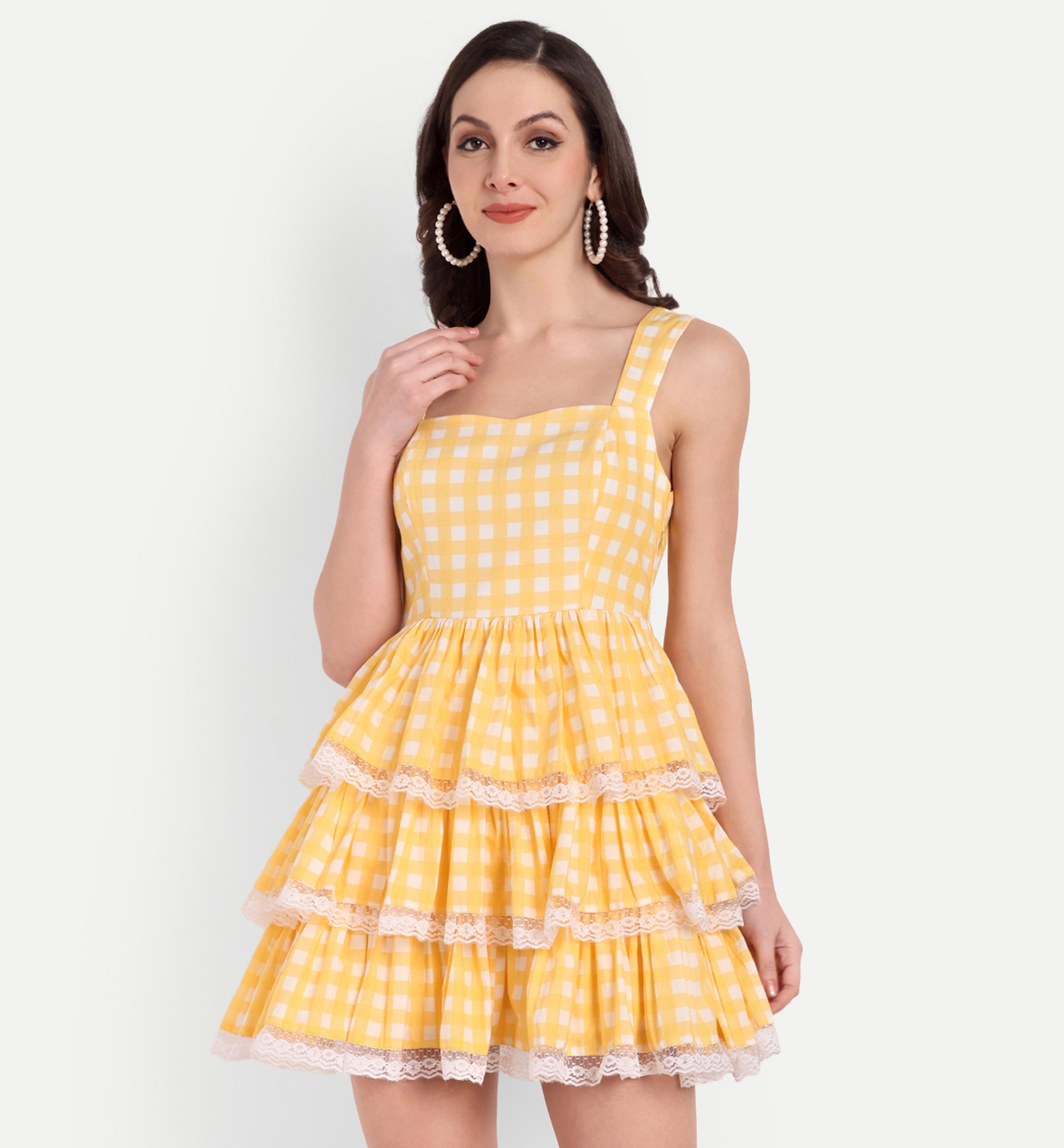 Yellow Check Lace Dress