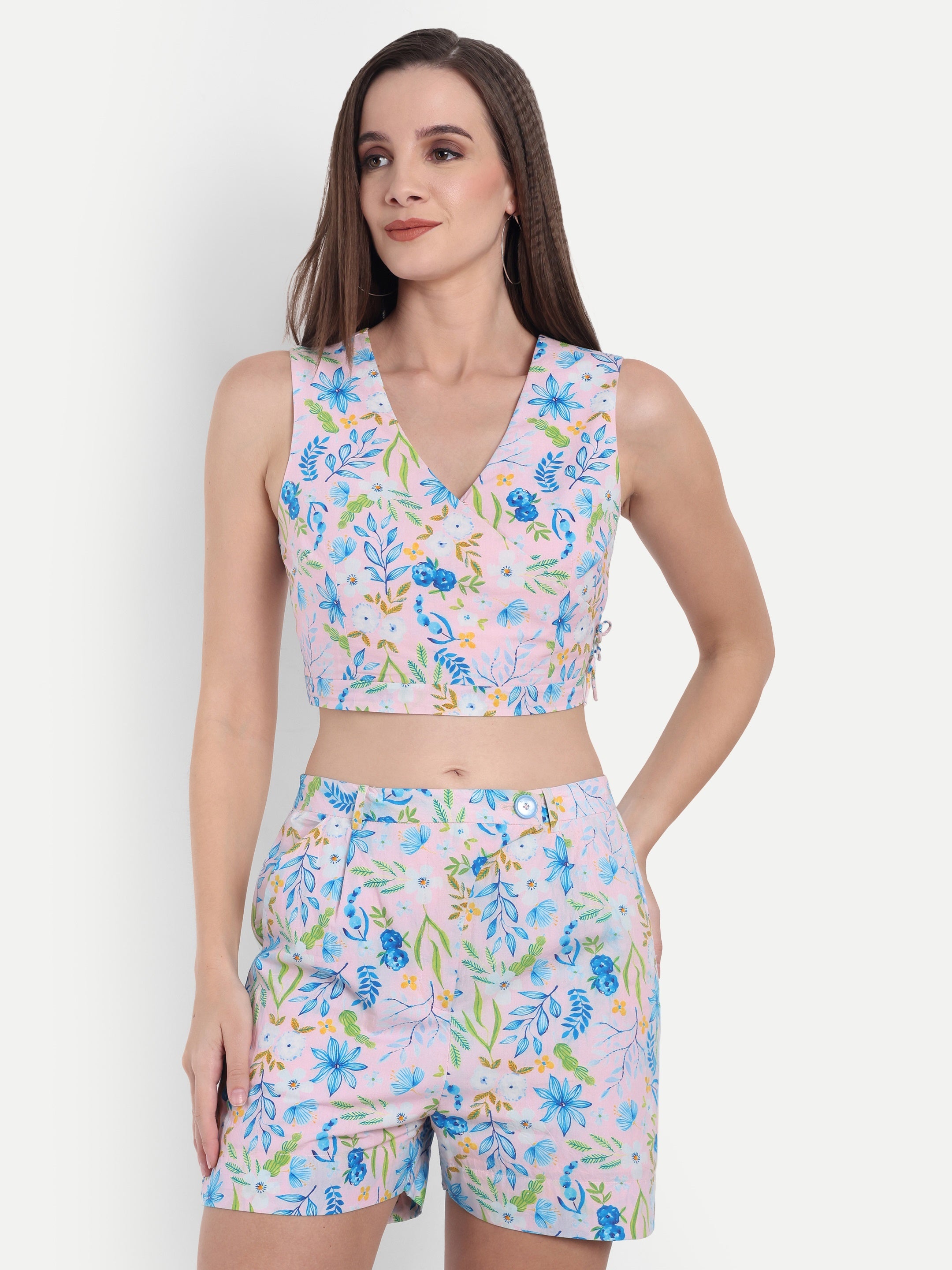 Pink Floral Cotton Shorts