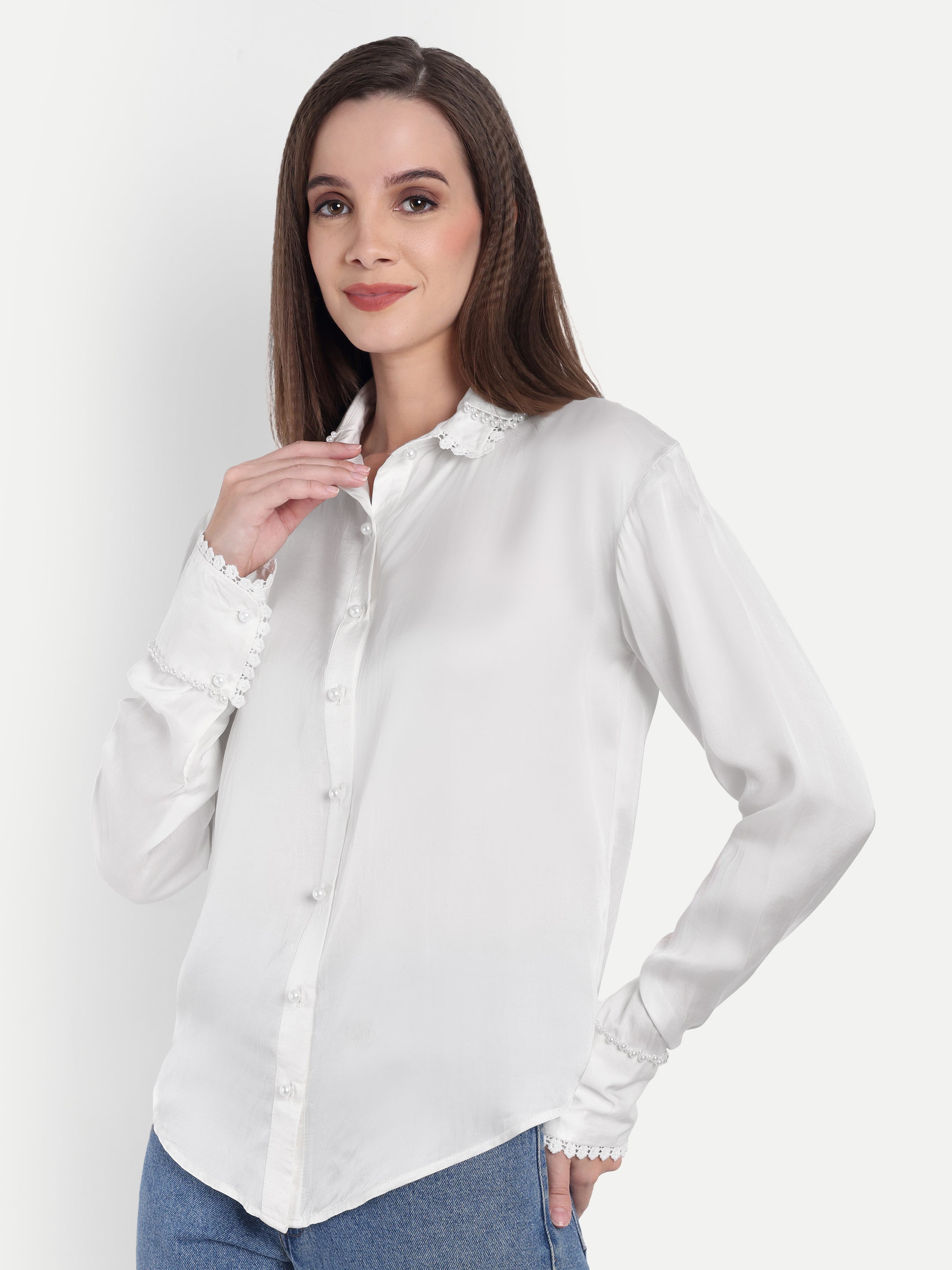 Pearl Embellished Satin Casual Shirt