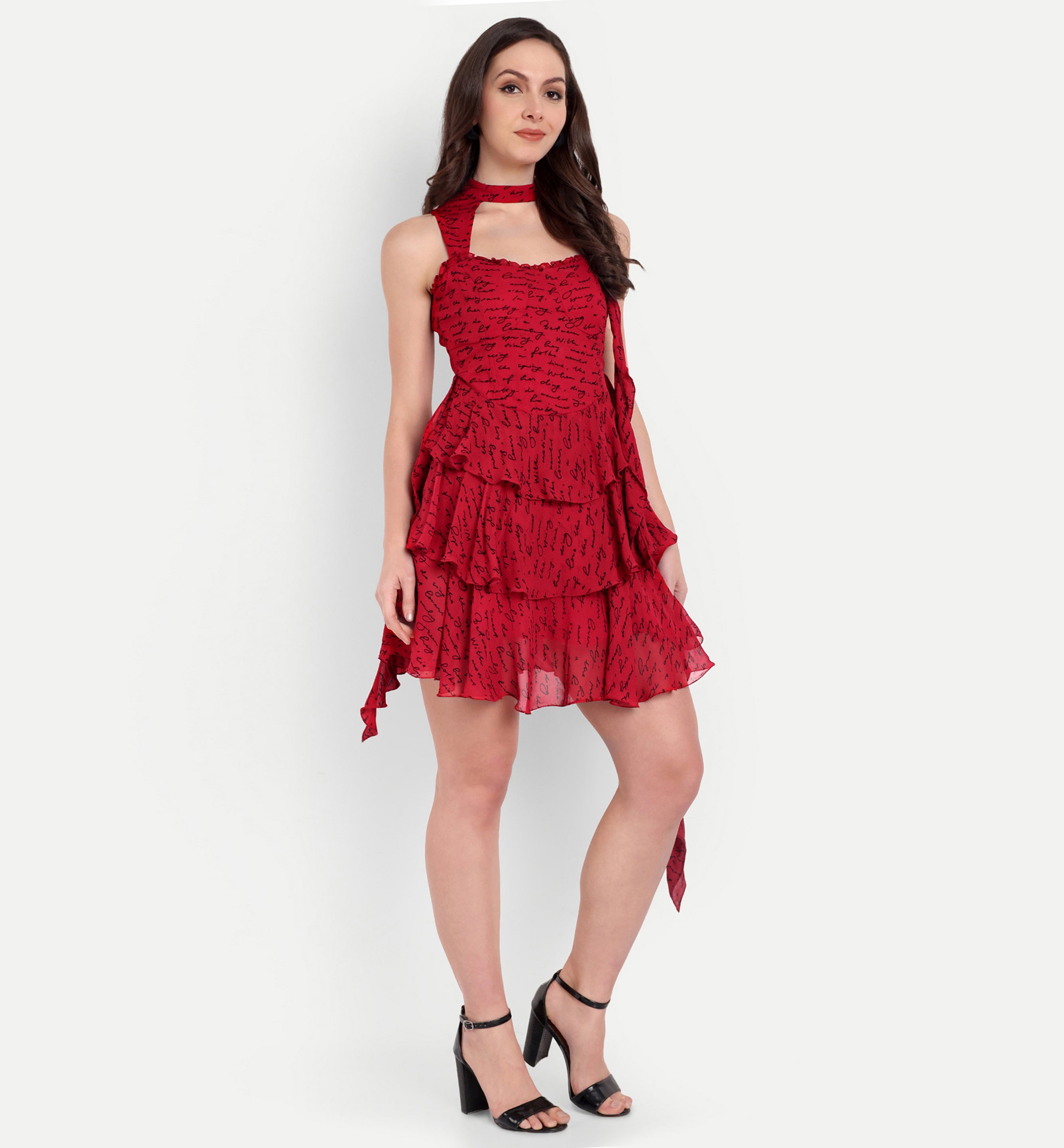 Red Printed Ruffles Dress