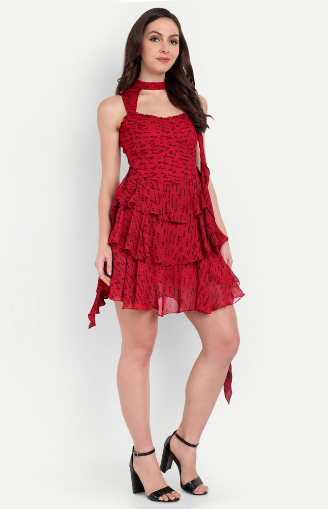 Red Printed Ruffles Dress