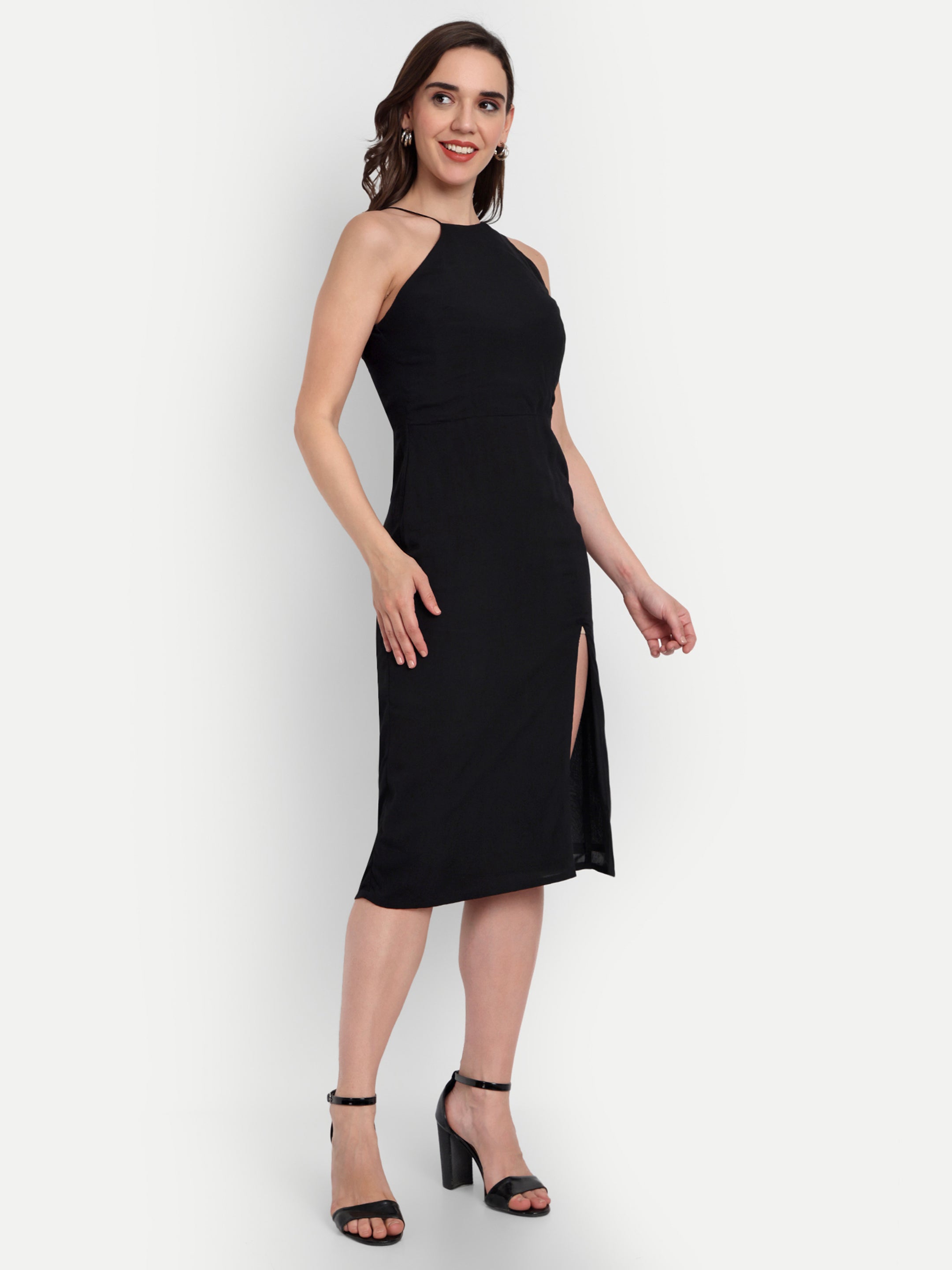 Black Lycra Side Slit Dress