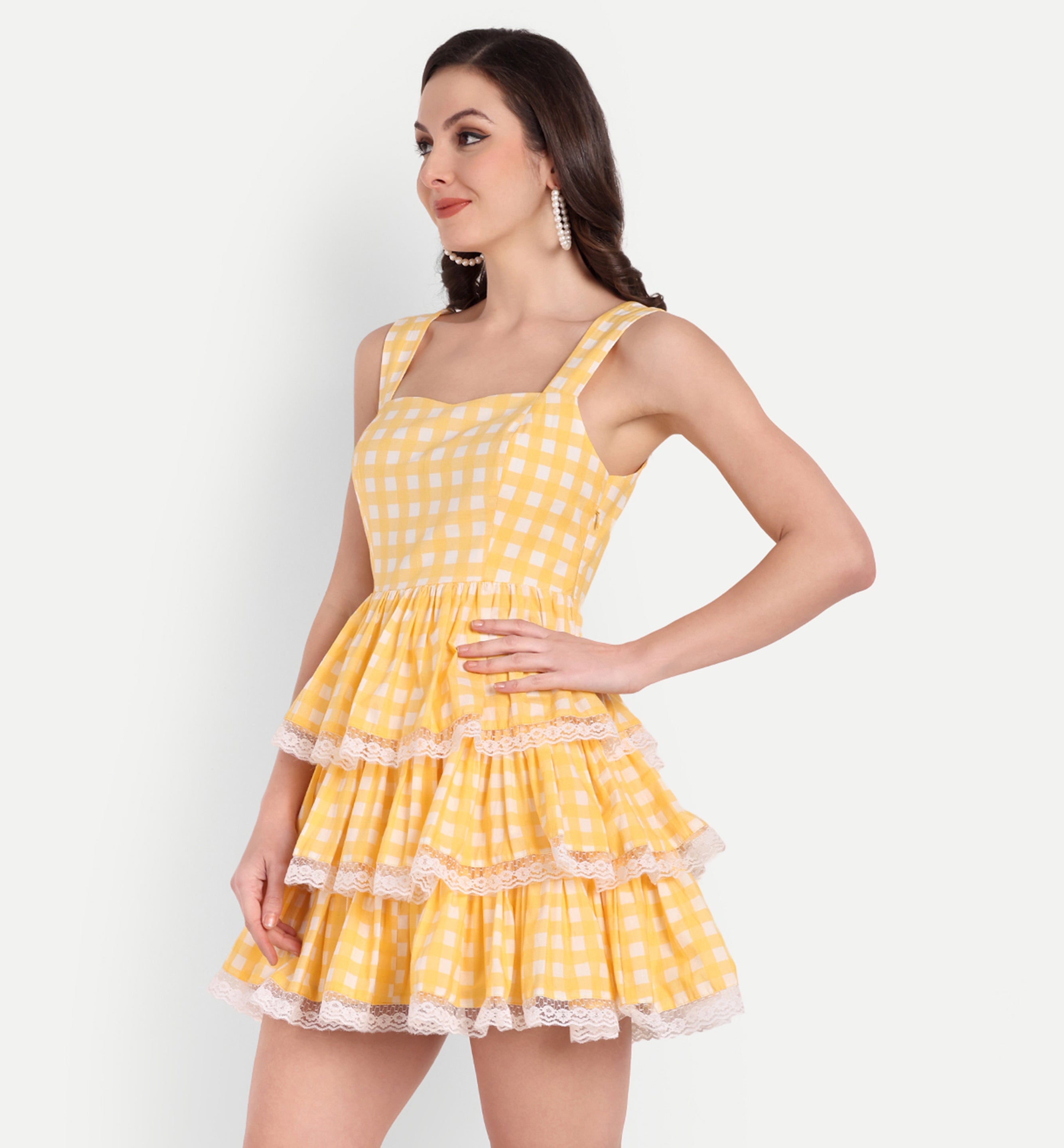 Yellow Check Lace Dress