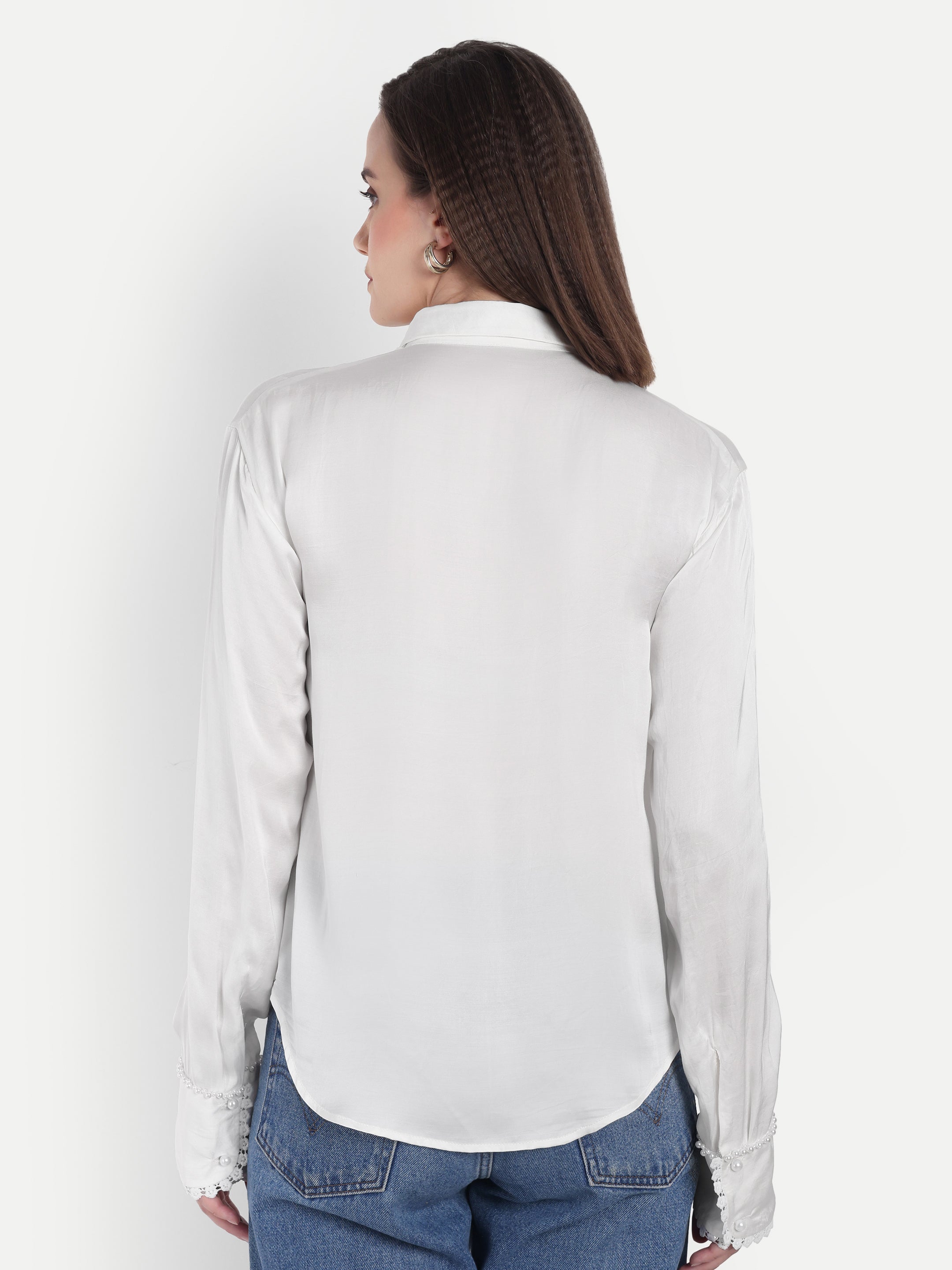 Pearl Embellished Satin Casual Shirt