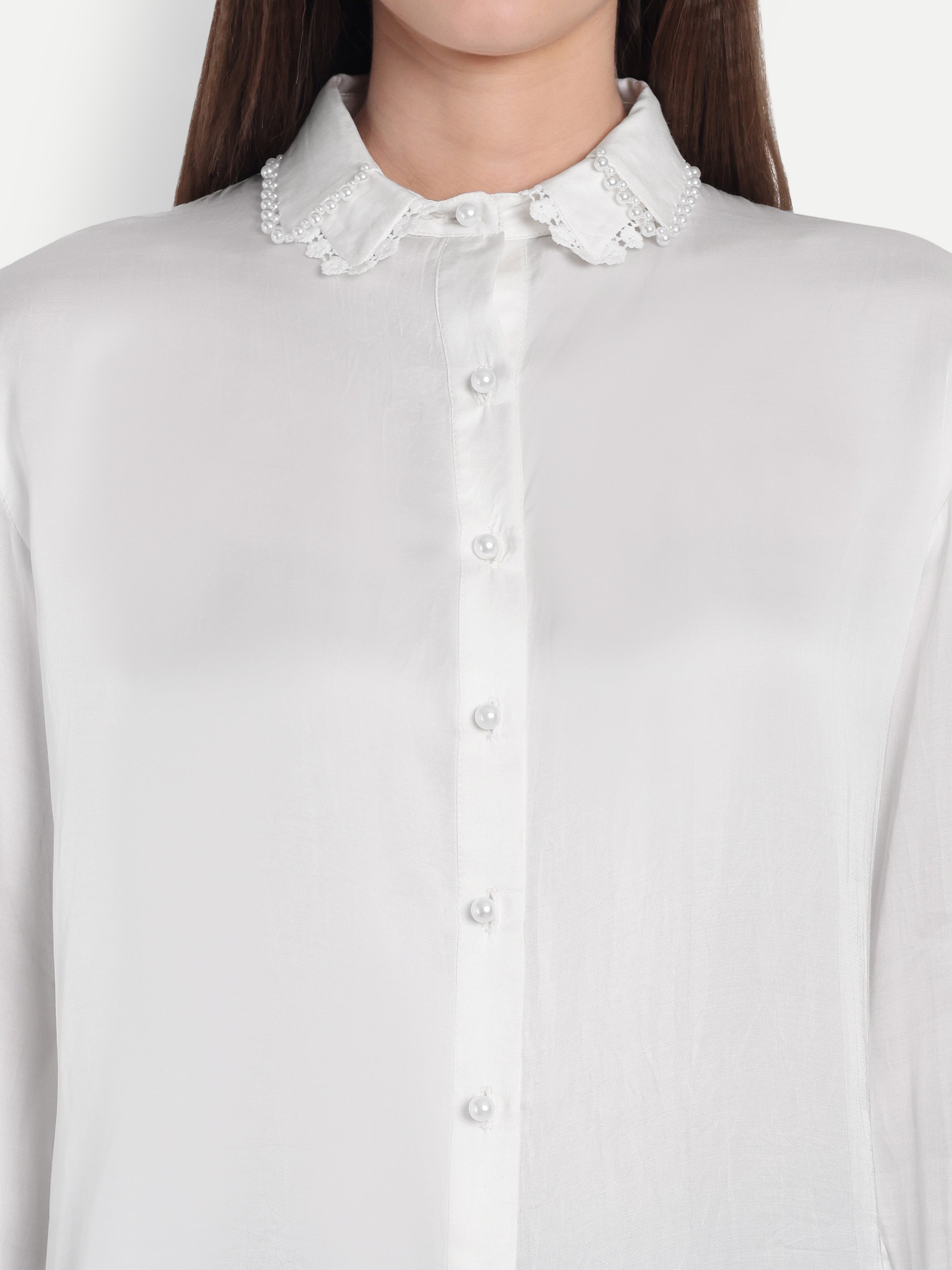 Pearl Embellished Satin Casual Shirt