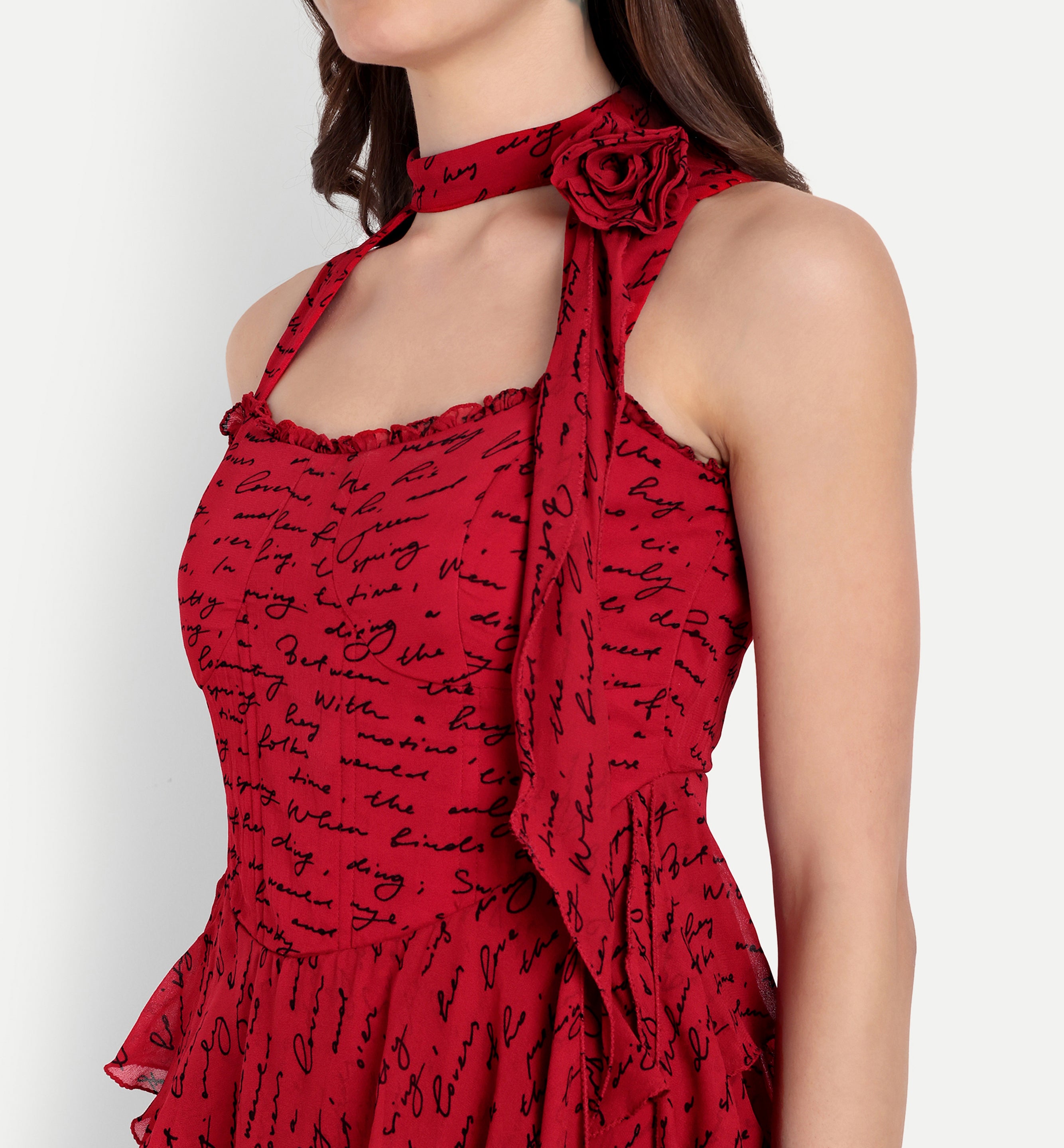 Red Printed Ruffles Dress