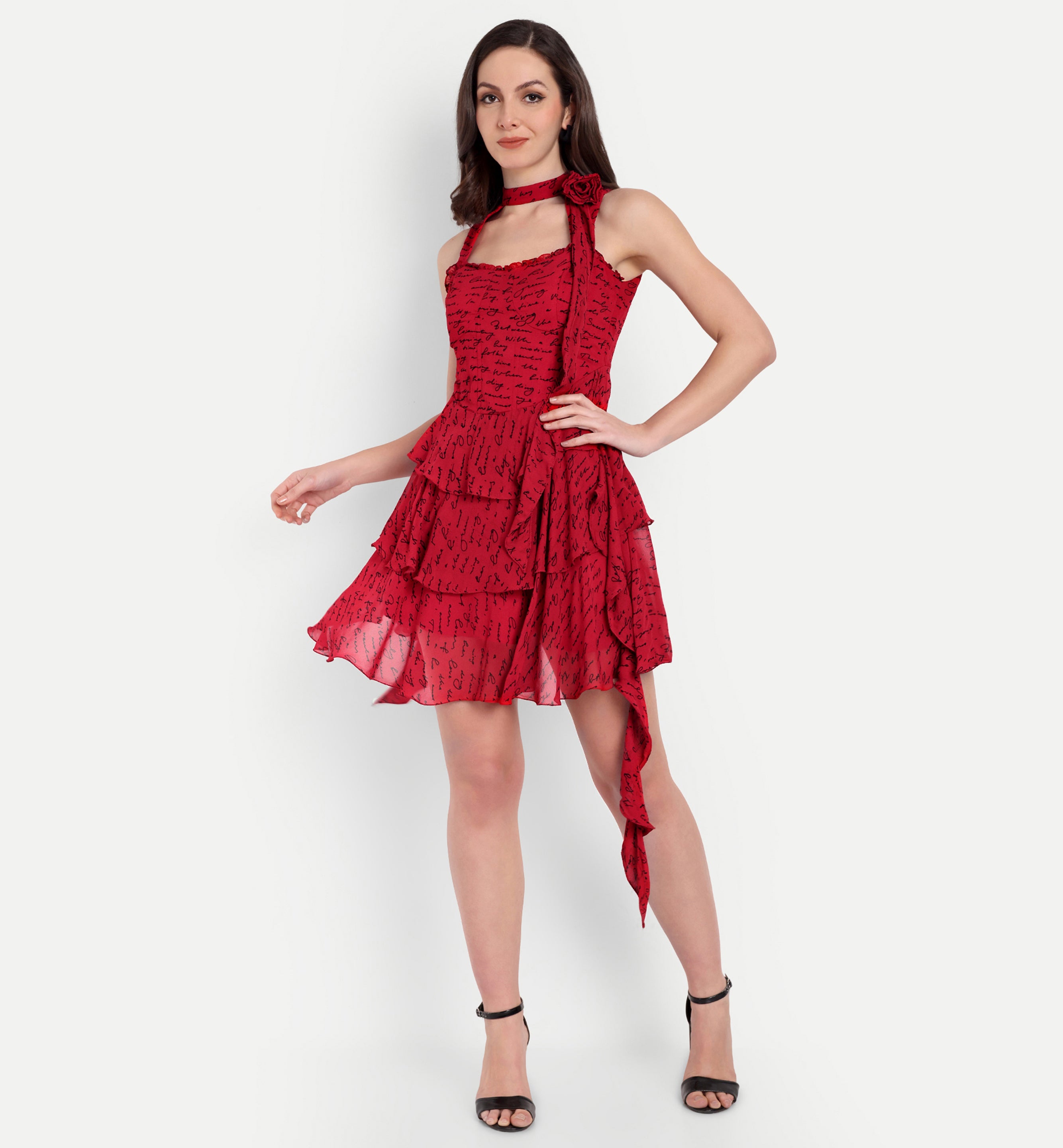 Red Printed Ruffles Dress
