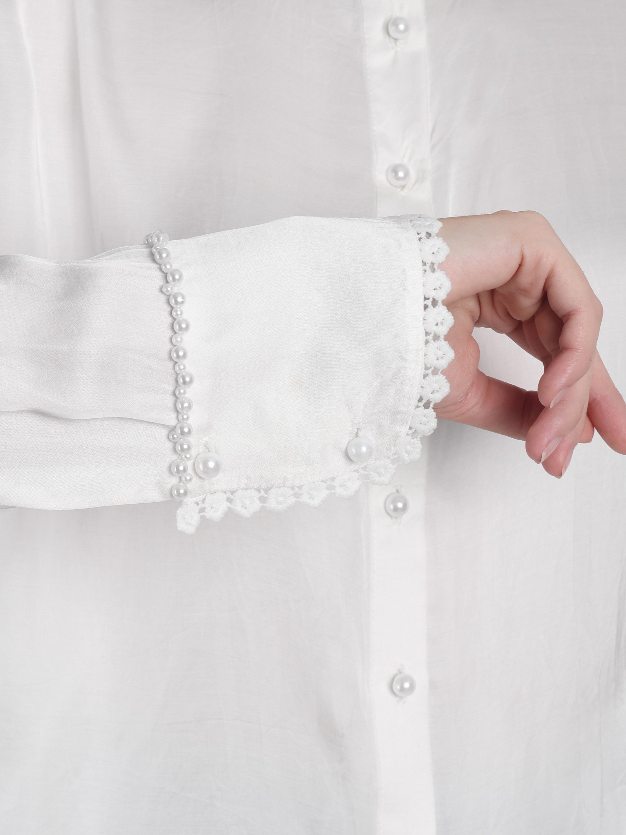 Pearl Embellished Satin Casual Shirt