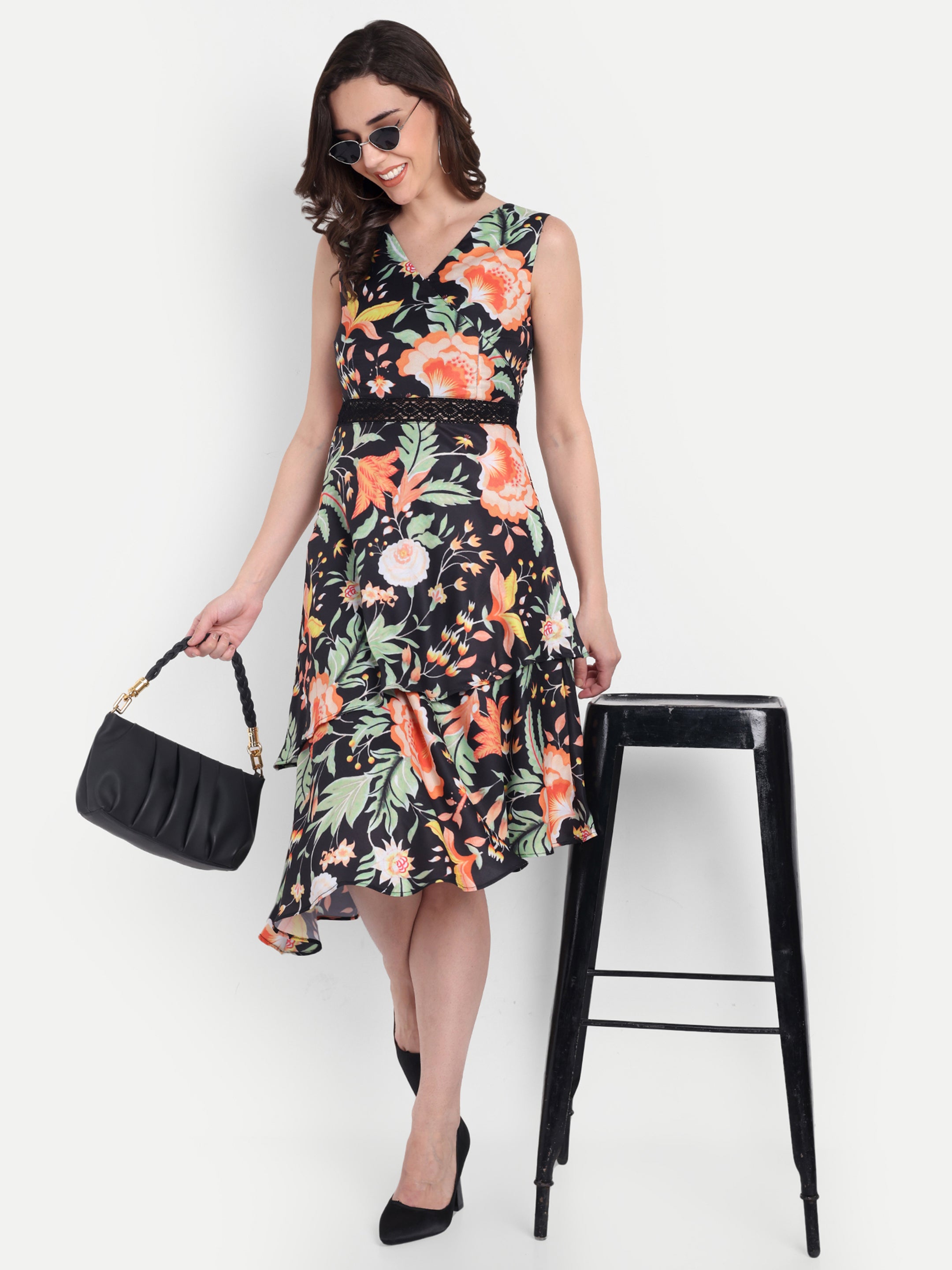 Black Floral Midi Dress