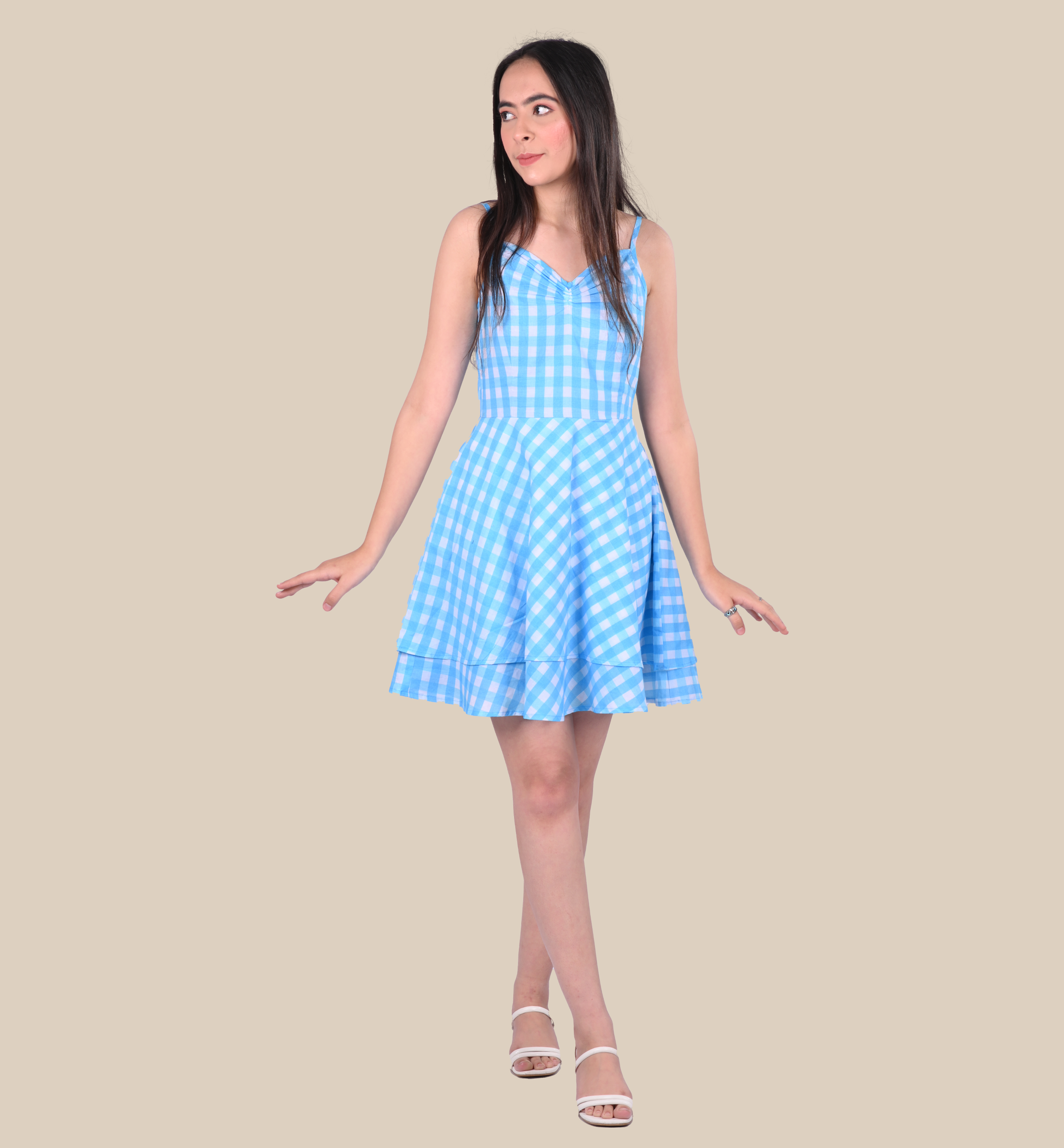 Blue & White Checks Mini Dress