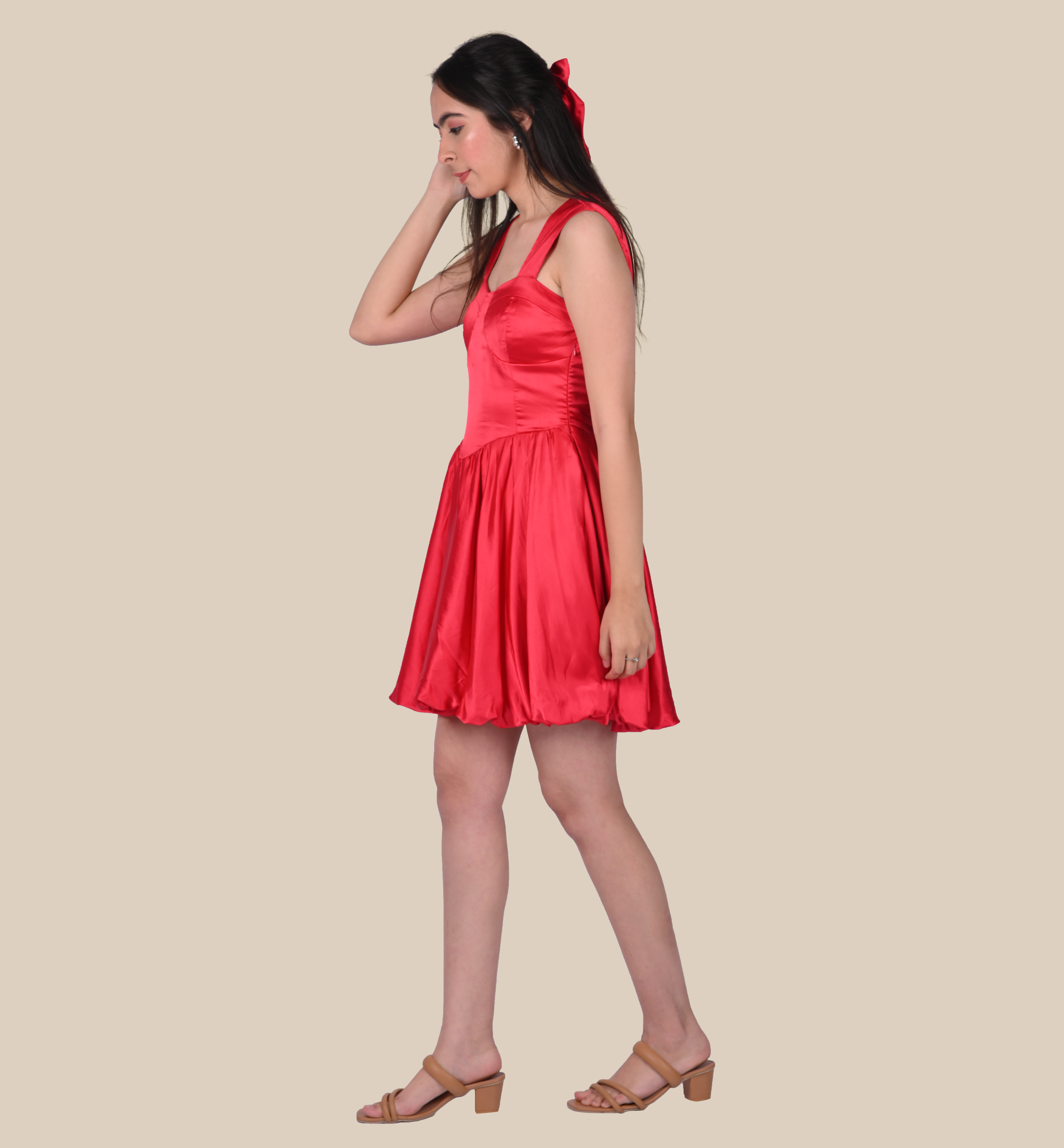 Satin Red Balloon Dress