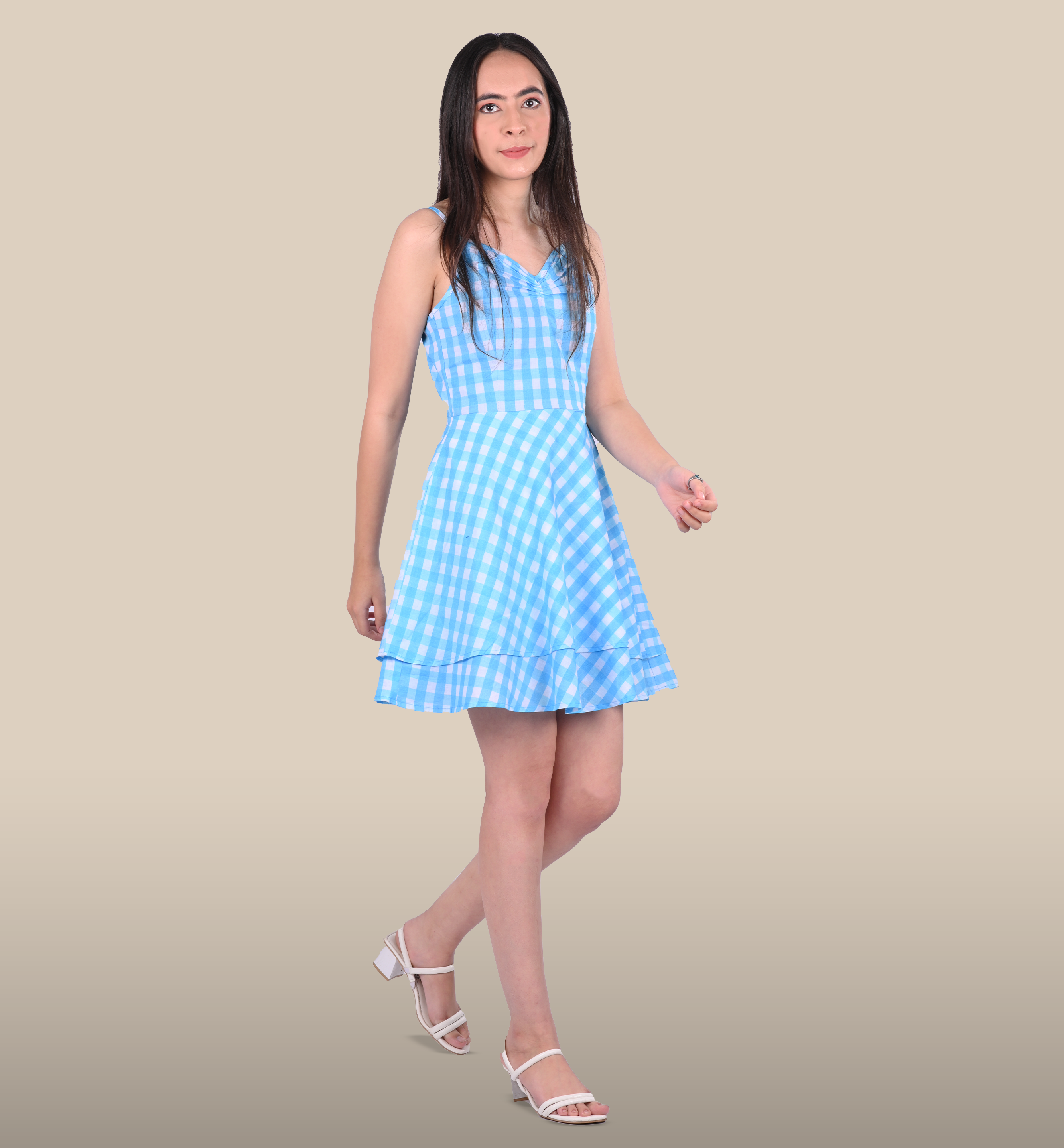 Blue & White Checks Mini Dress